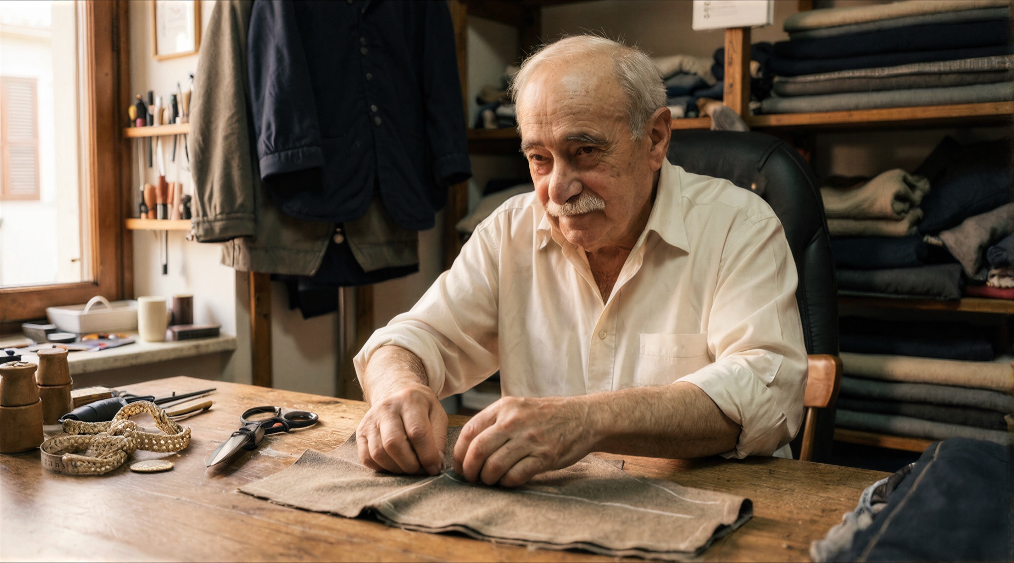 Le grand-père de Jacky à son atelier, façonnant un tissu parmi ses outils