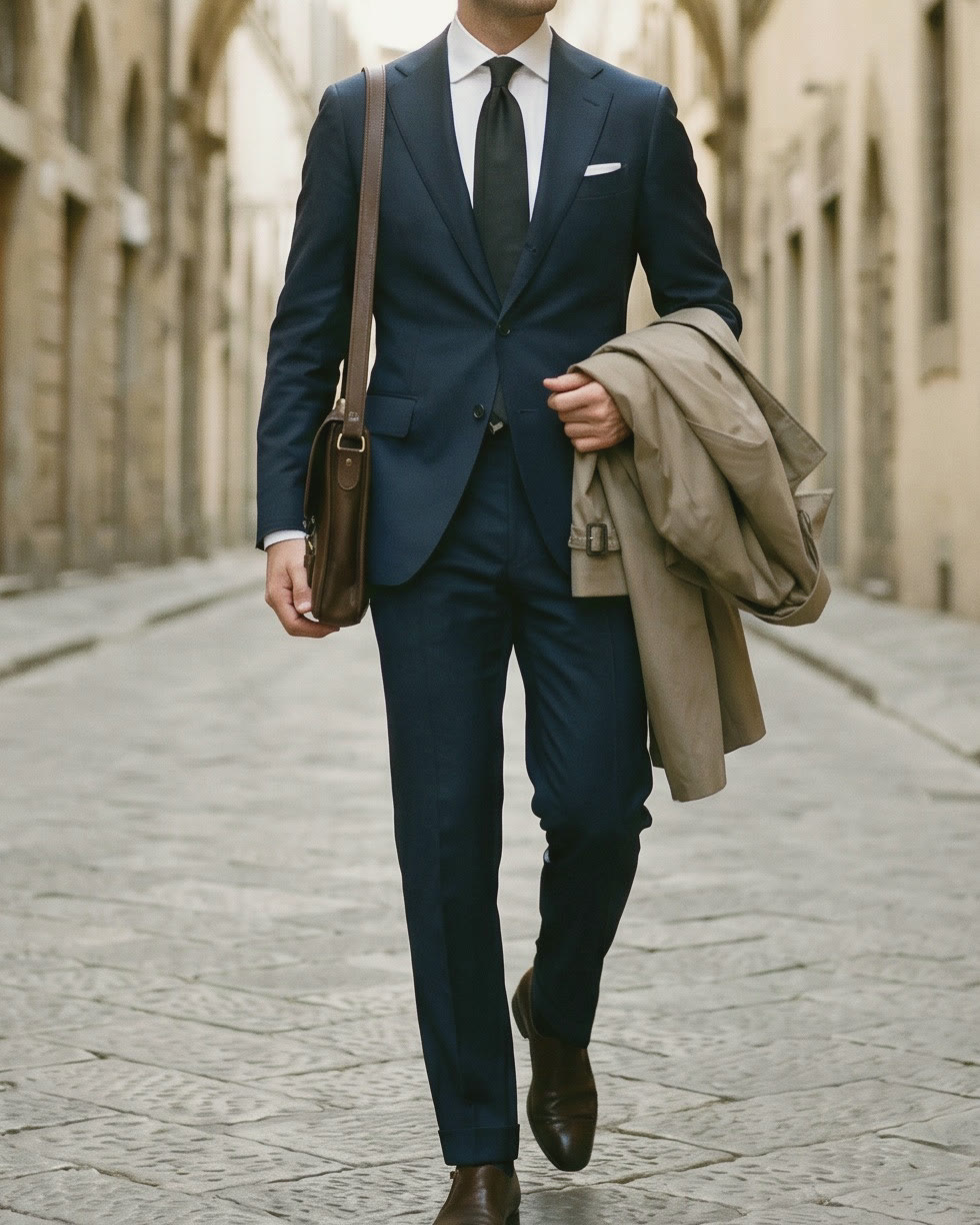 Costume bleu marine porté en ville