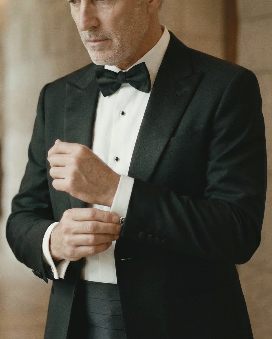 Smoking noir, nœud papillon et plastron à boutons de plastron
