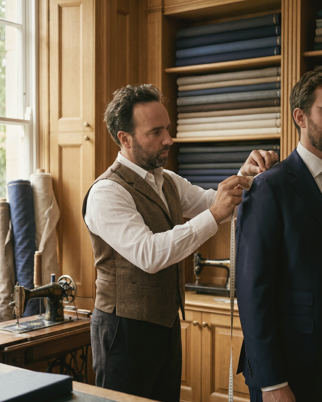 Prise de mesure d’une veste de costume sur le client, à l’atelier