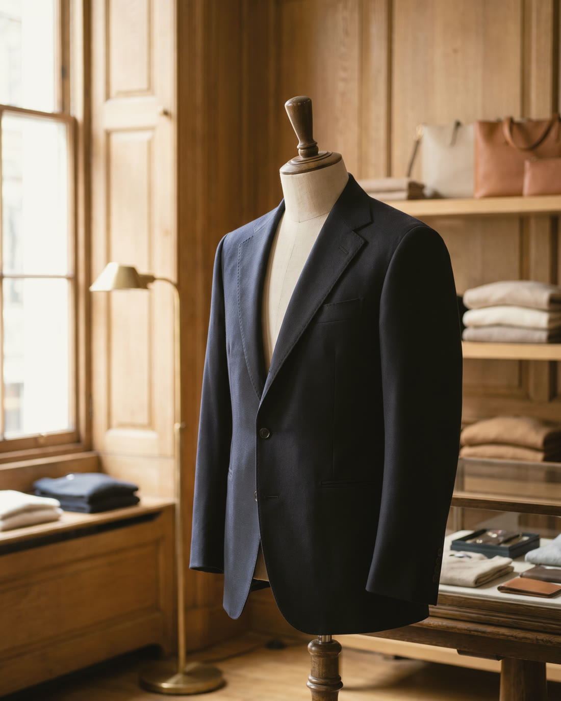 Veste bleue présentée sur un mannequin de tailleur en boutique