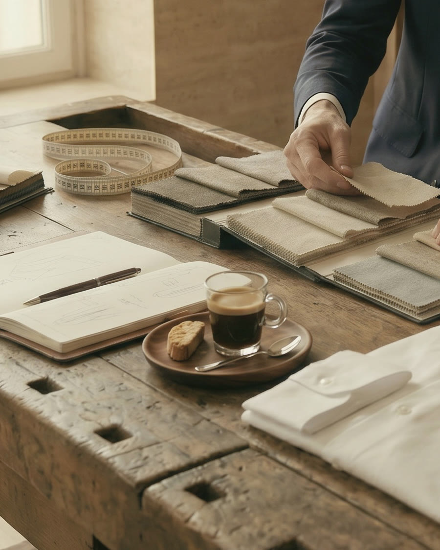 Un espresso sur l’établi, à côté des étoffes et du carnet
