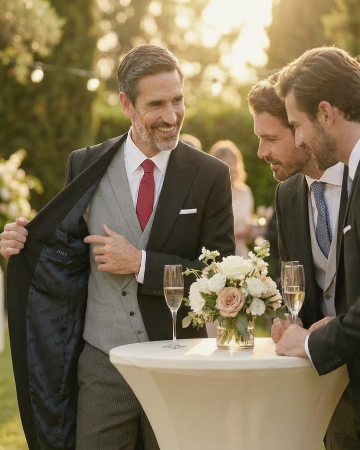 Invités en tenue de cérémonie lors d’un mariage au coucher du soleil